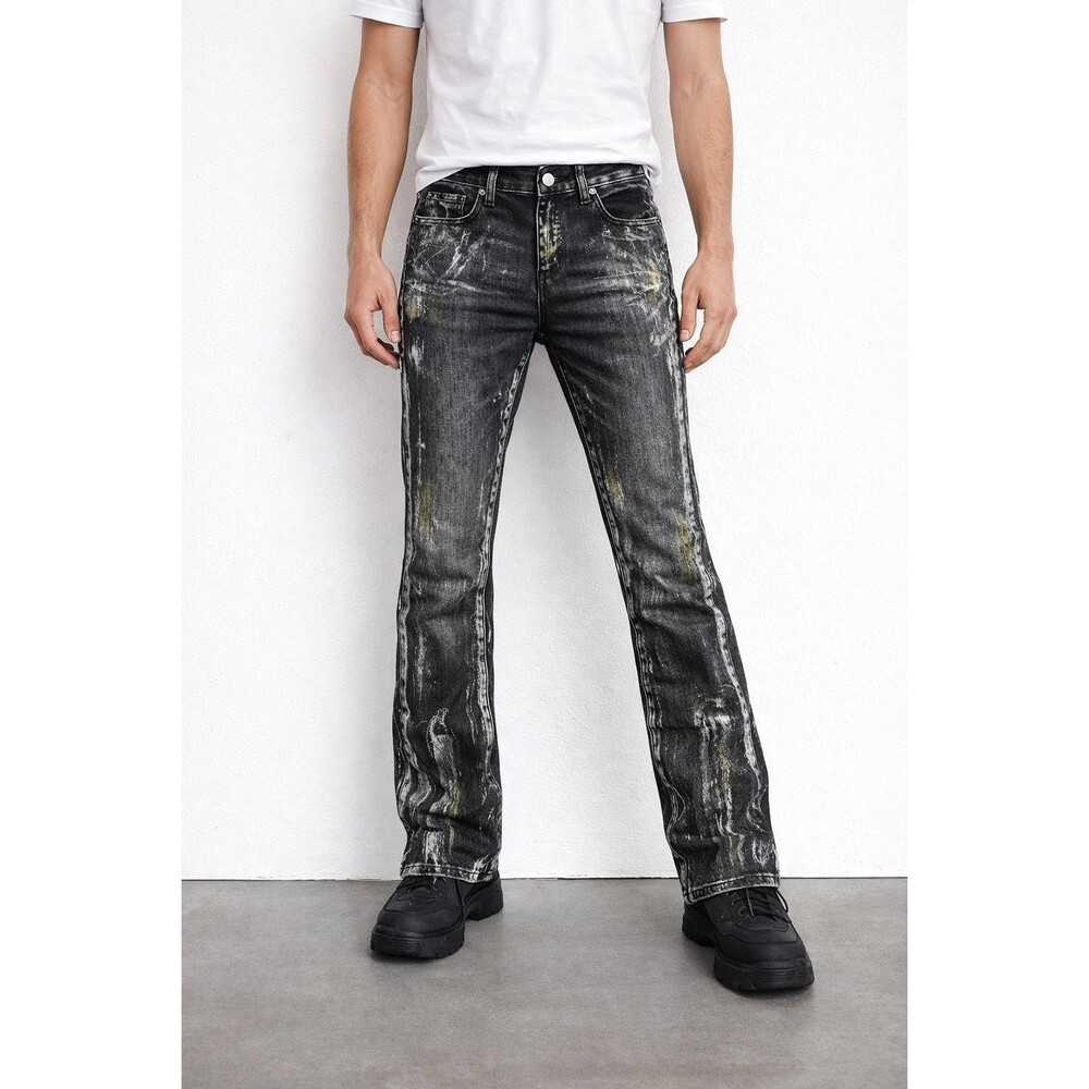Mnml Edgy Chrome Splatter Black Skinny Jeans Zip Ankle Men Size 32